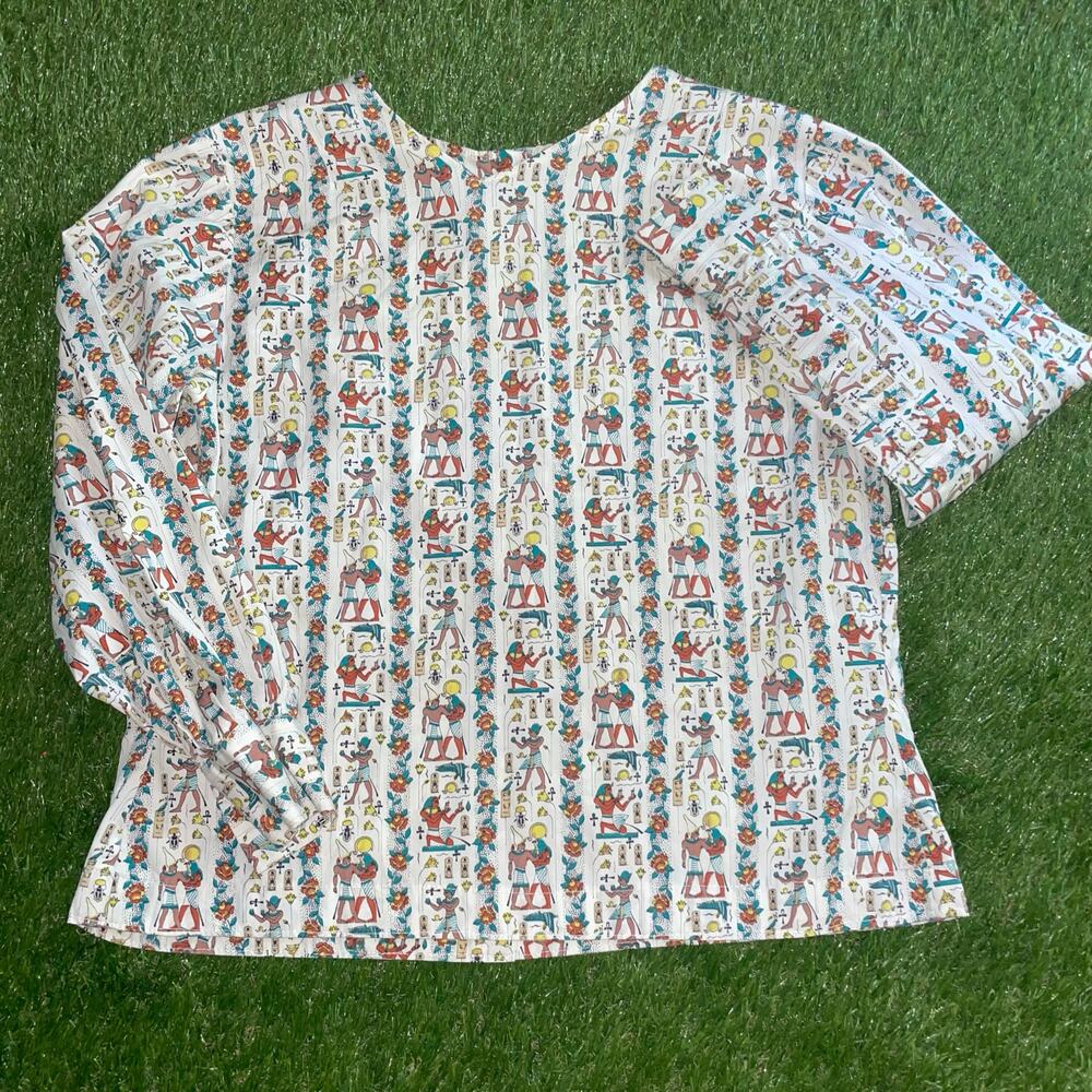 Vintage 1970s Egyptian Revival Blouse King Tut Novelty Print Top Handmade sm/m